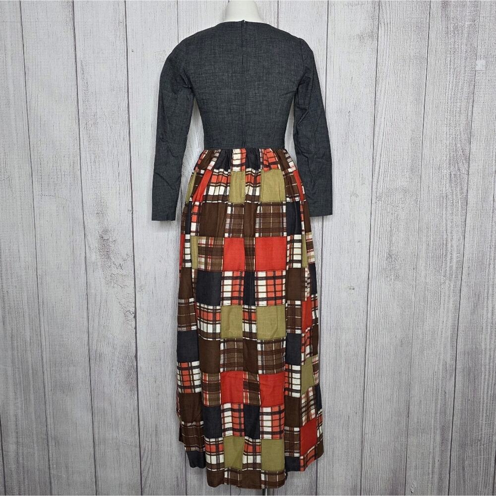 VTG 70s Vicky Vaughn Juniors Patchwork Fall Plaid Prairie Maxi Dress, Sz Small - Picture 5 of 6